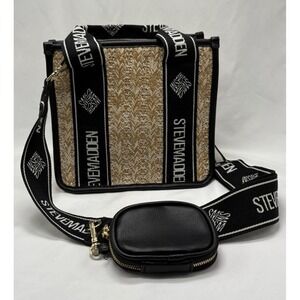 Steve Madden Womens Black Bwebber Straw Satchel‎ Crossbody Purse Bag Earbud Case